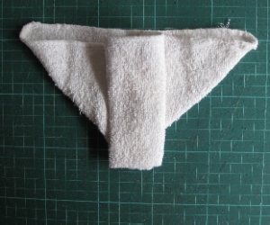 This is the same nappy shown using the standard folding technique.  Compare with the previous picture to see how much shorter the "length"/rise is.